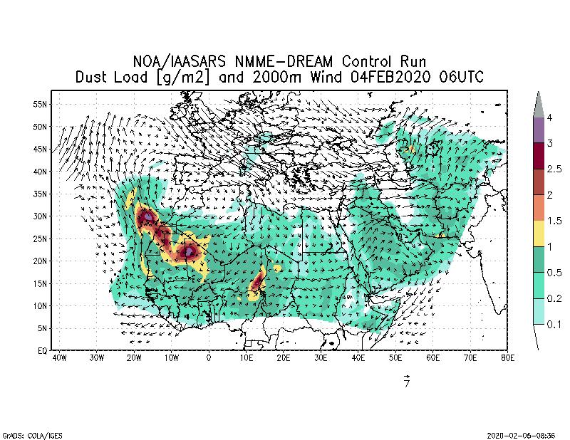 Dust load [g/m2] and 2000m Wind - 2020-02-04 06:00