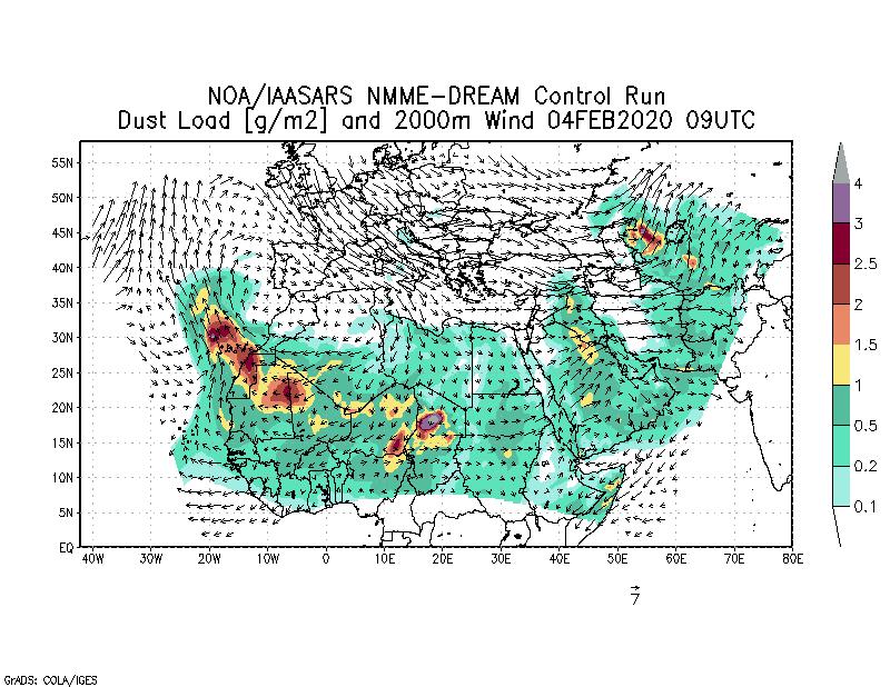 Dust load [g/m2] and 2000m Wind - 2020-02-04 09:00