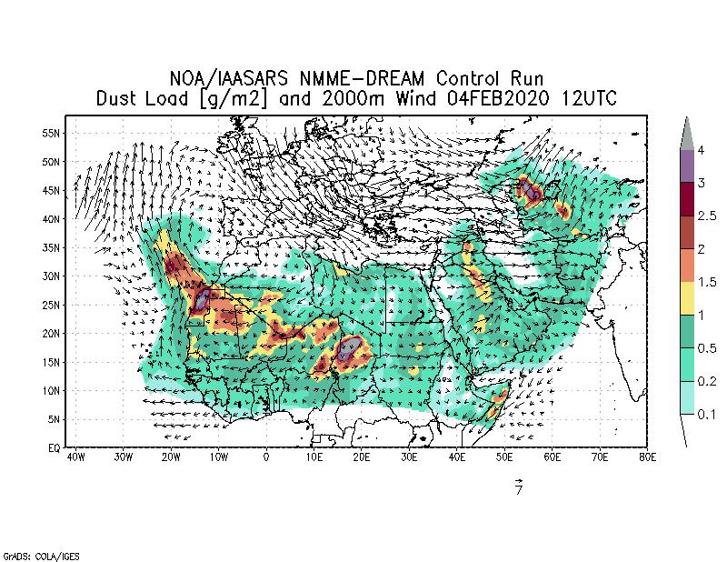 Dust load [g/m2] and 2000m Wind - 2020-02-04 12:00