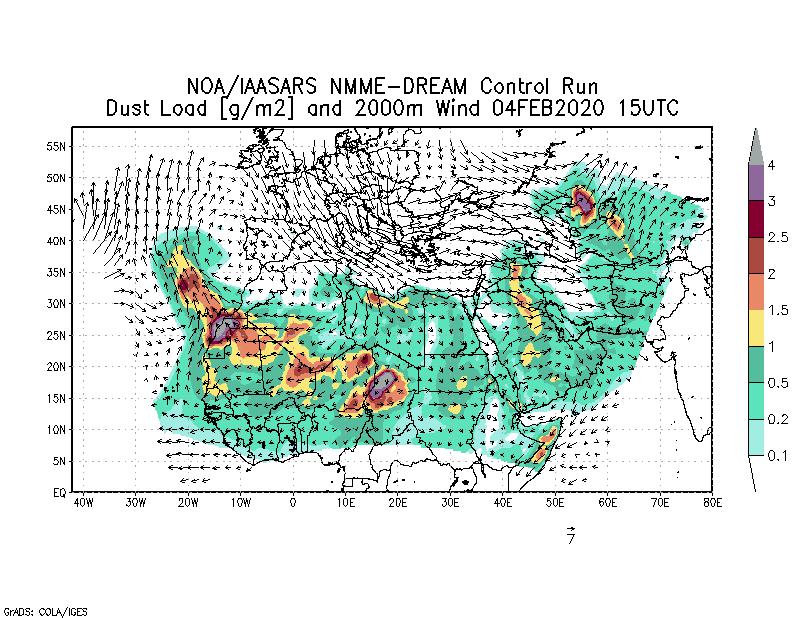 Dust load [g/m2] and 2000m Wind - 2020-02-04 15:00