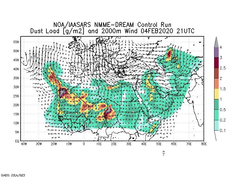 Dust load [g/m2] and 2000m Wind - 2020-02-04 21:00