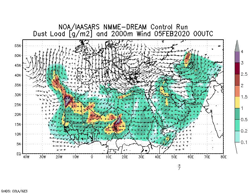 Dust load [g/m2] and 2000m Wind - 2020-02-05 00:00