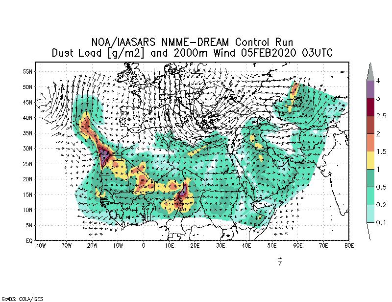 Dust load [g/m2] and 2000m Wind - 2020-02-05 03:00