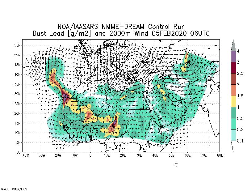 Dust load [g/m2] and 2000m Wind - 2020-02-05 06:00