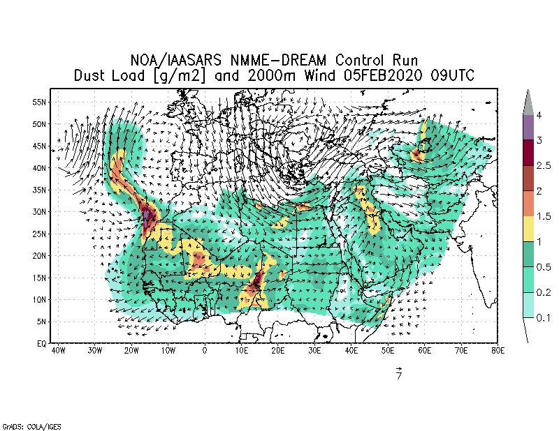 Dust load [g/m2] and 2000m Wind - 2020-02-05 09:00