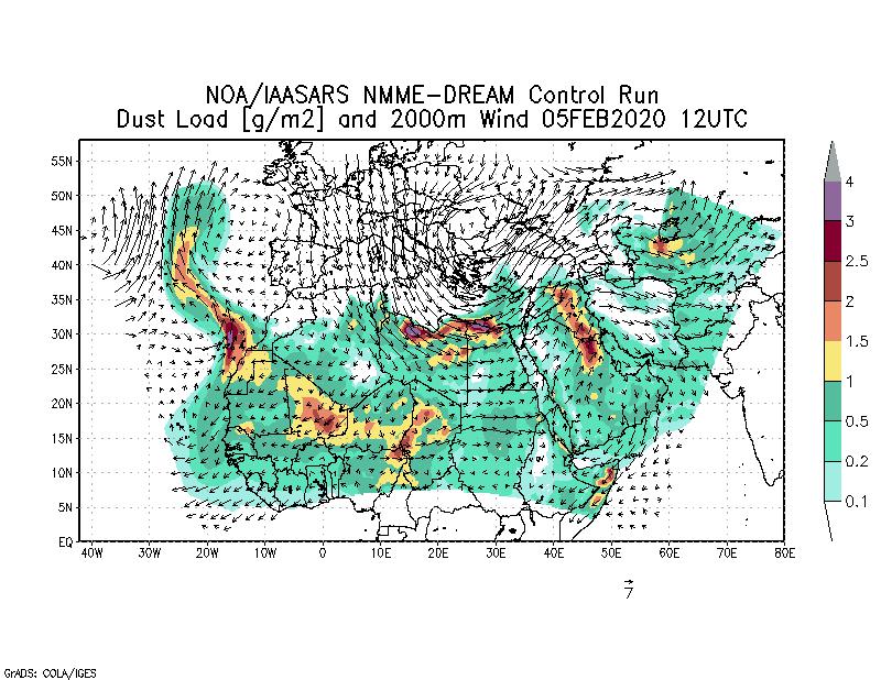 Dust load [g/m2] and 2000m Wind - 2020-02-05 12:00