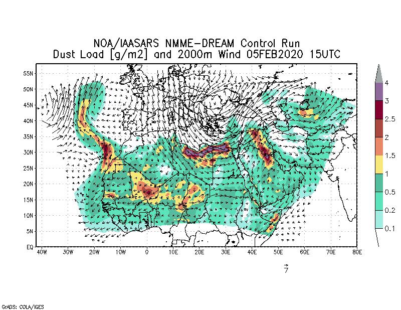 Dust load [g/m2] and 2000m Wind - 2020-02-05 15:00