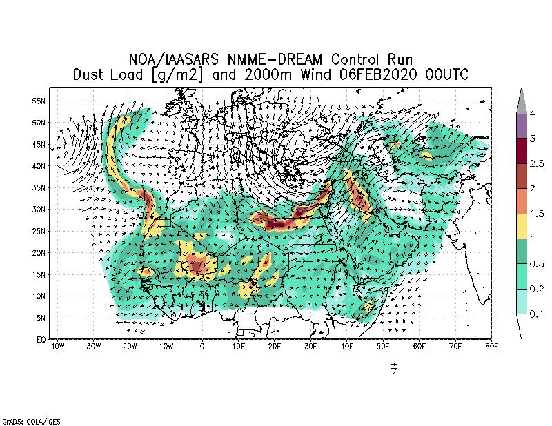 Dust load [g/m2] and 2000m Wind - 2020-02-06 00:00