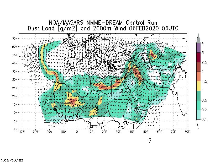 Dust load [g/m2] and 2000m Wind - 2020-02-06 06:00