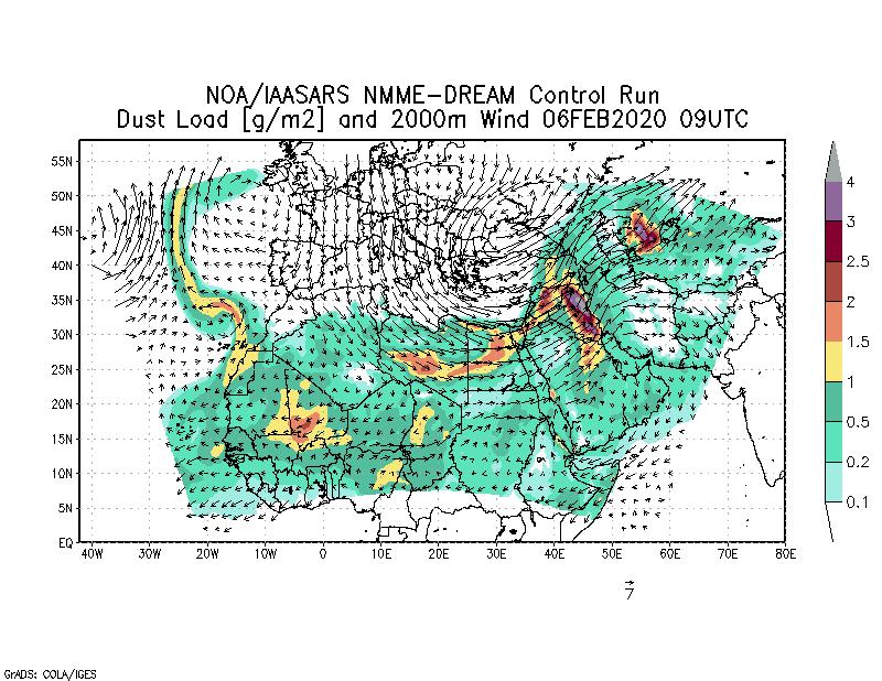 Dust load [g/m2] and 2000m Wind - 2020-02-06 09:00