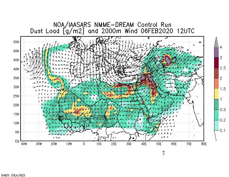 Dust load [g/m2] and 2000m Wind - 2020-02-06 12:00