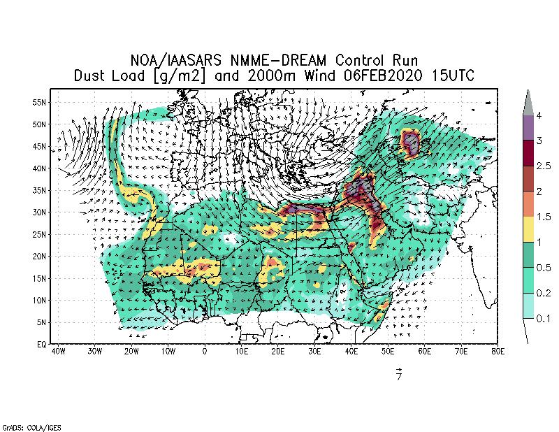 Dust load [g/m2] and 2000m Wind - 2020-02-06 15:00