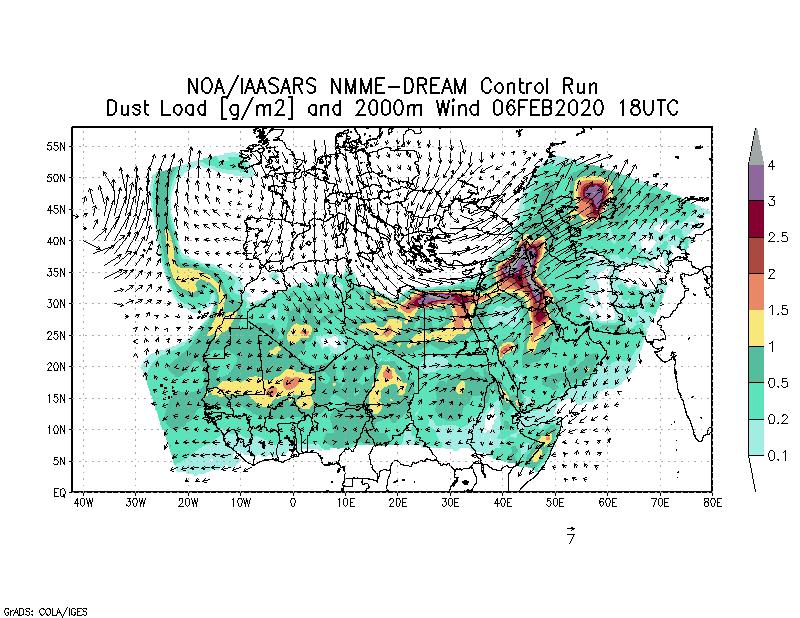 Dust load [g/m2] and 2000m Wind - 2020-02-06 18:00