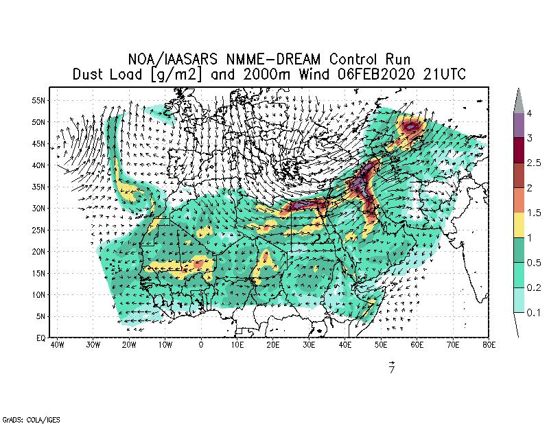 Dust load [g/m2] and 2000m Wind - 2020-02-06 21:00