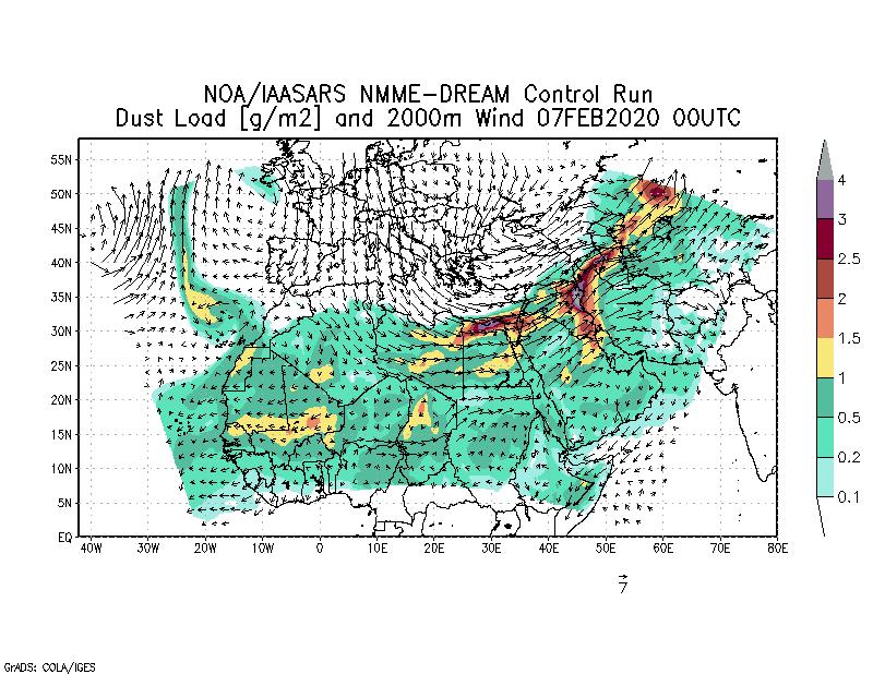 Dust load [g/m2] and 2000m Wind - 2020-02-07 00:00