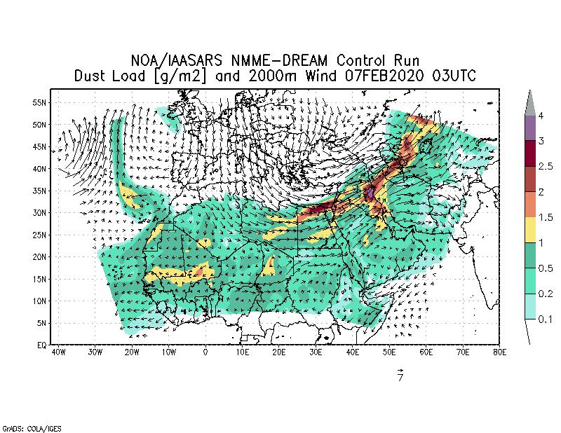 Dust load [g/m2] and 2000m Wind - 2020-02-07 03:00