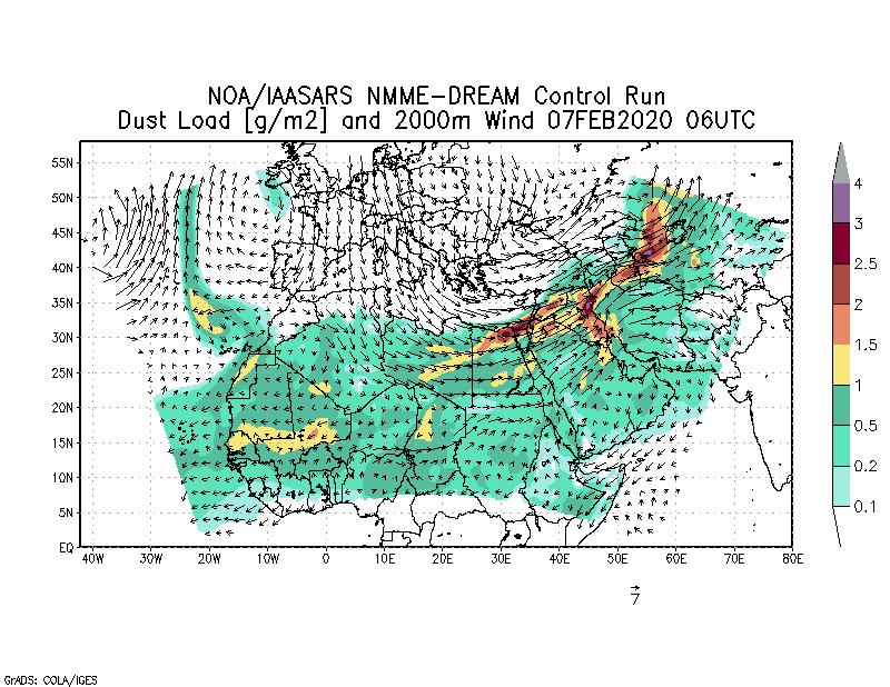 Dust load [g/m2] and 2000m Wind - 2020-02-07 06:00