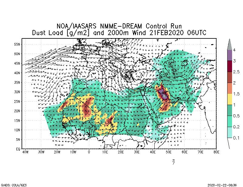 Dust load [g/m2] and 2000m Wind - 2020-02-21 06:00