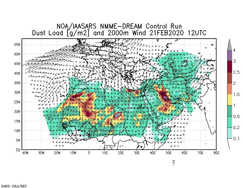 Dust load [g/m2] and 2000m Wind - 2020-02-21 12:00