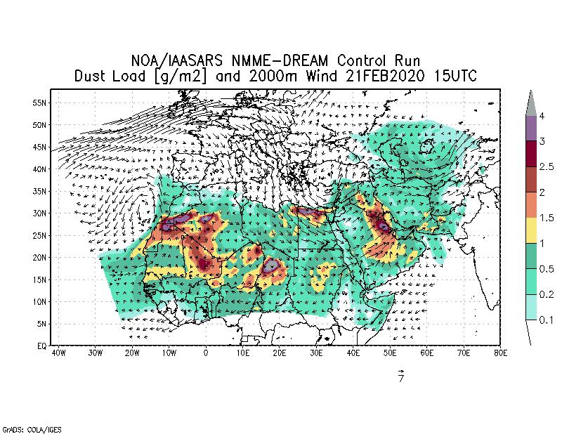 Dust load [g/m2] and 2000m Wind - 2020-02-21 15:00