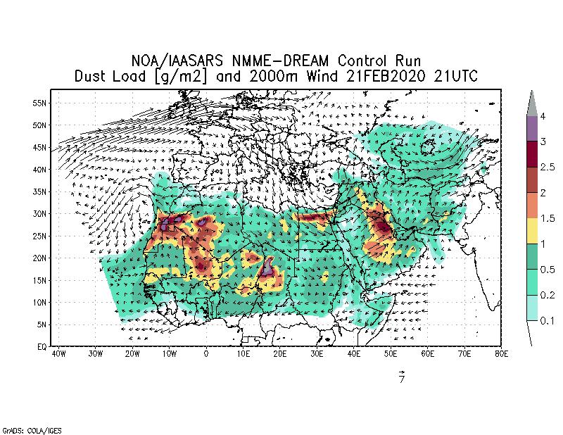 Dust load [g/m2] and 2000m Wind - 2020-02-21 21:00