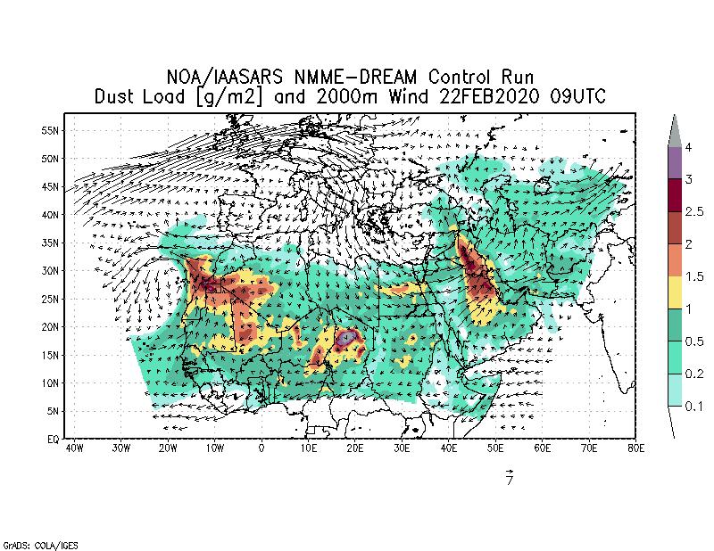 Dust load [g/m2] and 2000m Wind - 2020-02-22 09:00