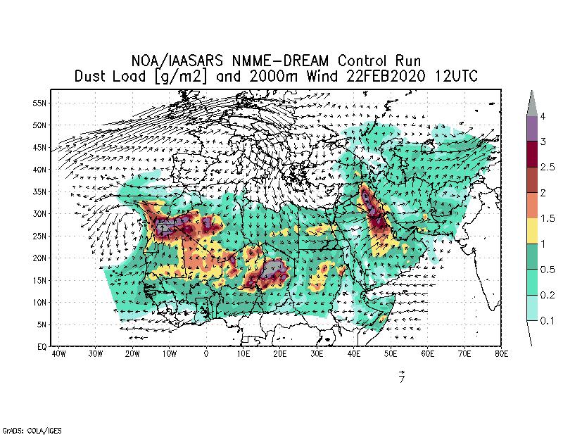 Dust load [g/m2] and 2000m Wind - 2020-02-22 12:00