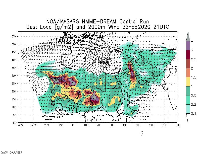 Dust load [g/m2] and 2000m Wind - 2020-02-22 21:00