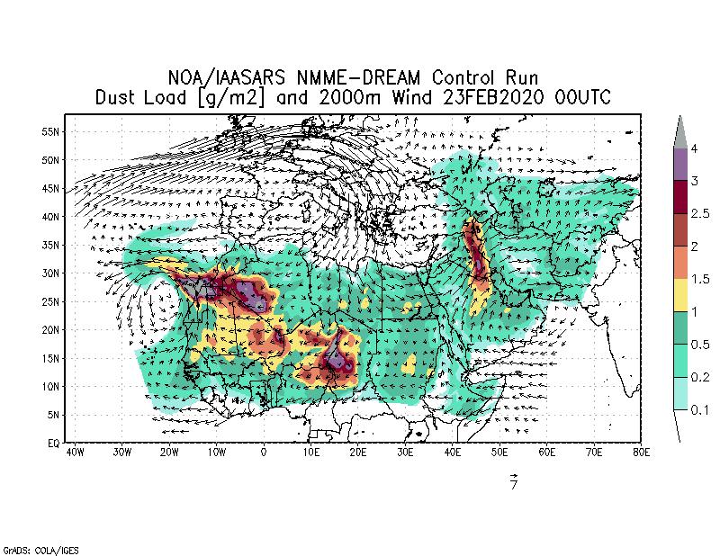 Dust load [g/m2] and 2000m Wind - 2020-02-23 00:00