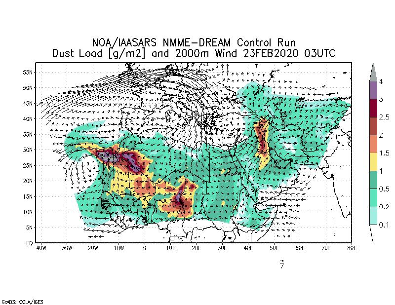 Dust load [g/m2] and 2000m Wind - 2020-02-23 03:00