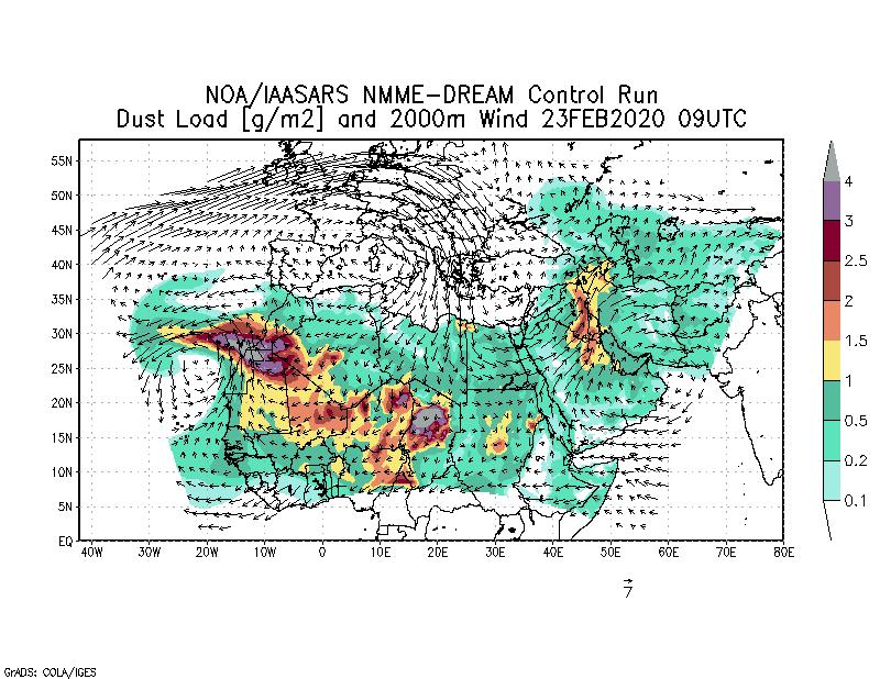 Dust load [g/m2] and 2000m Wind - 2020-02-23 09:00