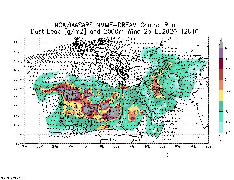 Dust load [g/m2] and 2000m Wind - 2020-02-23 12:00