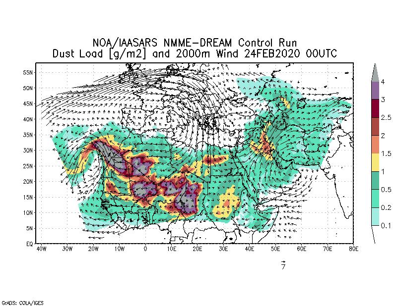 Dust load [g/m2] and 2000m Wind - 2020-02-24 00:00