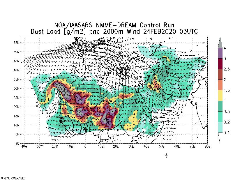 Dust load [g/m2] and 2000m Wind - 2020-02-24 03:00