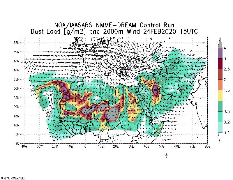 Dust load [g/m2] and 2000m Wind - 2020-02-24 15:00