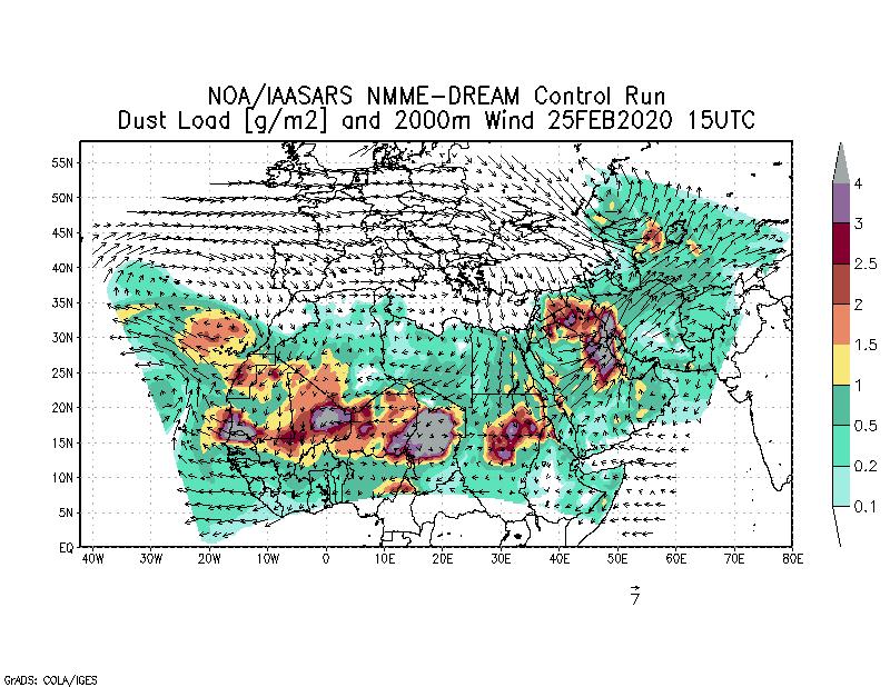 Dust load [g/m2] and 2000m Wind - 2020-02-25 15:00