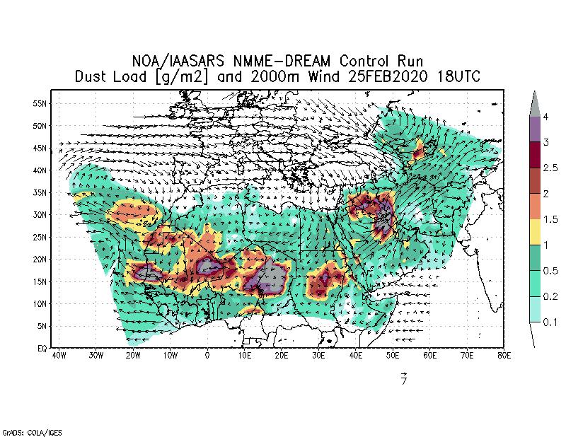 Dust load [g/m2] and 2000m Wind - 2020-02-25 18:00