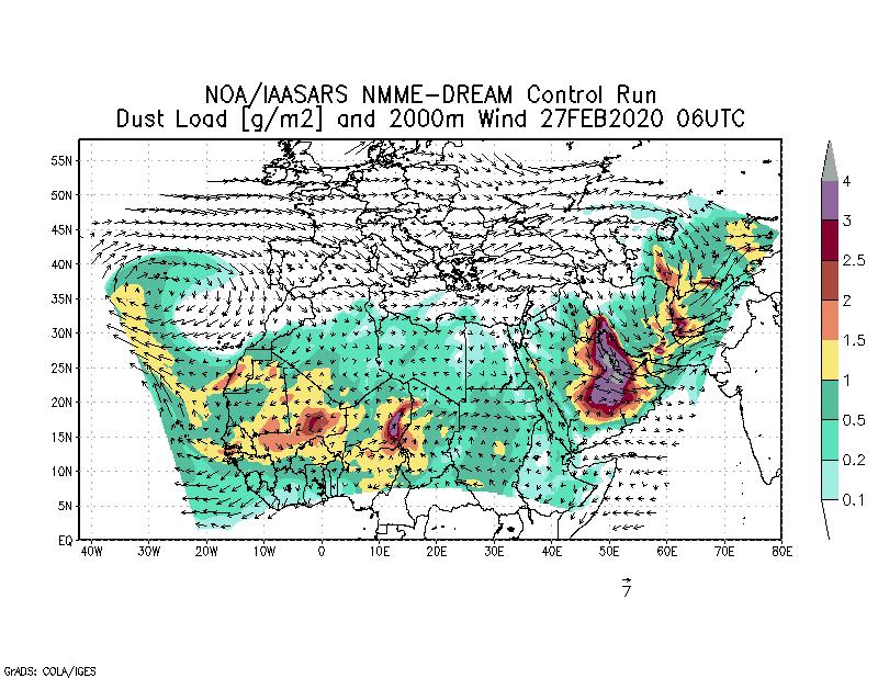 Dust load [g/m2] and 2000m Wind - 2020-02-27 06:00