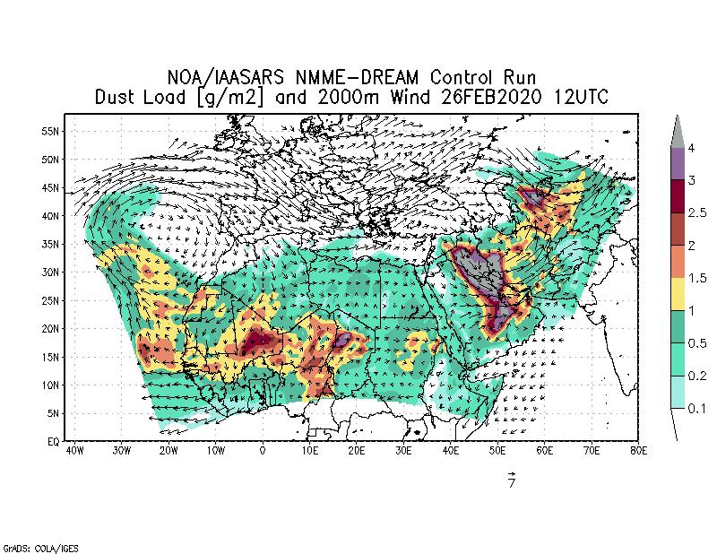 Dust load [g/m2] and 2000m Wind - 2020-02-26 12:00