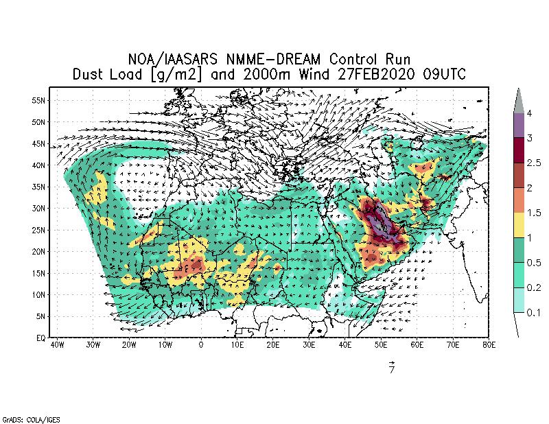 Dust load [g/m2] and 2000m Wind - 2020-02-27 09:00