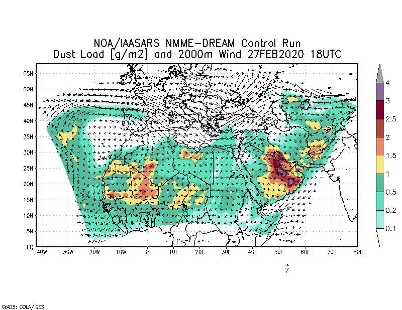 Dust load [g/m2] and 2000m Wind - 2020-02-27 18:00