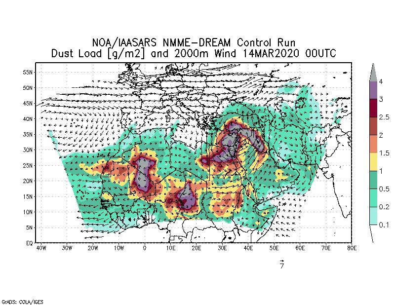 Dust load [g/m2] and 2000m Wind - 2020-03-14 00:00