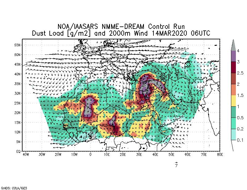 Dust load [g/m2] and 2000m Wind - 2020-03-14 06:00