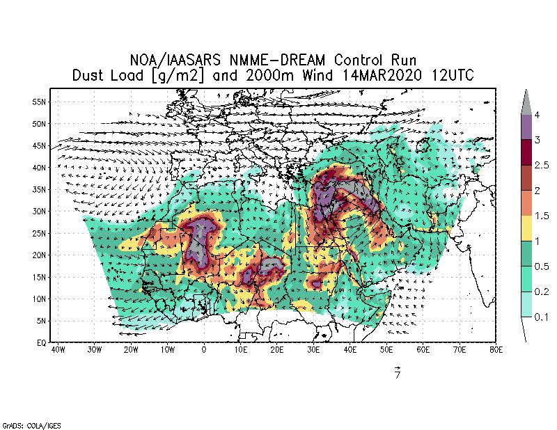 Dust load [g/m2] and 2000m Wind - 2020-03-14 12:00