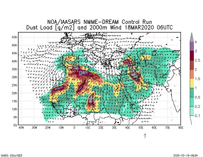 Dust load [g/m2] and 2000m Wind - 2020-03-18 06:00