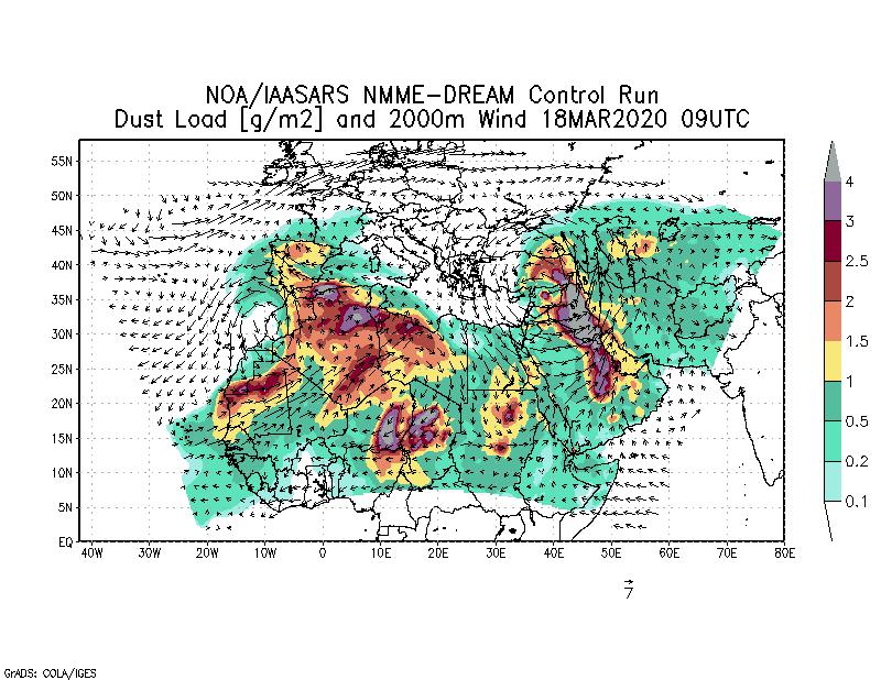 Dust load [g/m2] and 2000m Wind - 2020-03-18 09:00