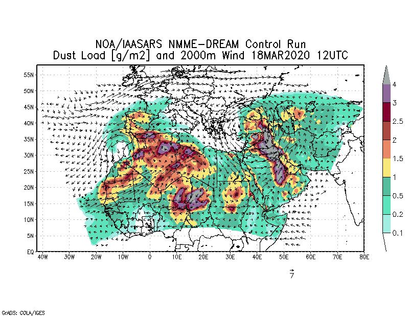 Dust load [g/m2] and 2000m Wind - 2020-03-18 12:00