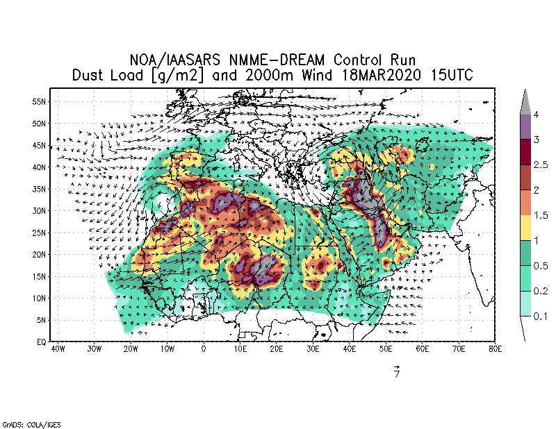 Dust load [g/m2] and 2000m Wind - 2020-03-18 15:00