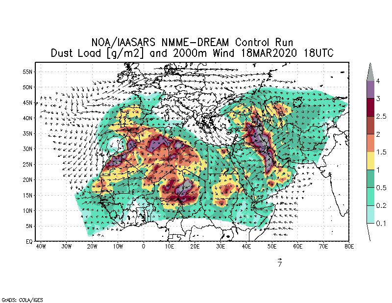 Dust load [g/m2] and 2000m Wind - 2020-03-18 18:00