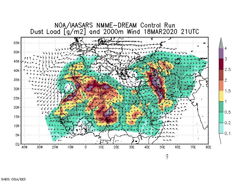 Dust load [g/m2] and 2000m Wind - 2020-03-18 21:00